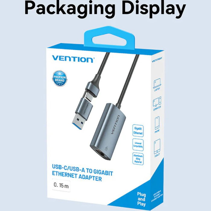 Vention Adaptador USB-C/USB-A a RJ45 Gigabit Ethernet CFQHB Gris